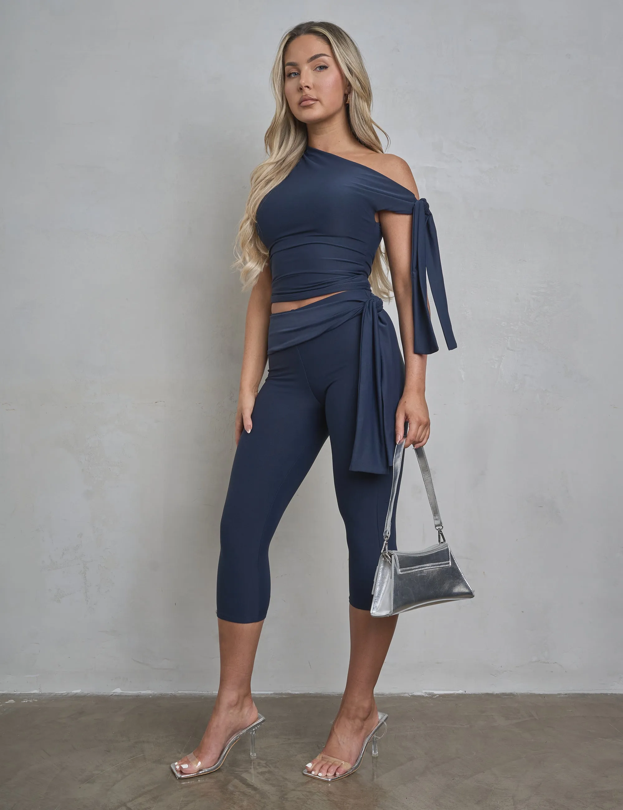Knot Detail Tie Side Luxe Slinky Capri Pants Navy
