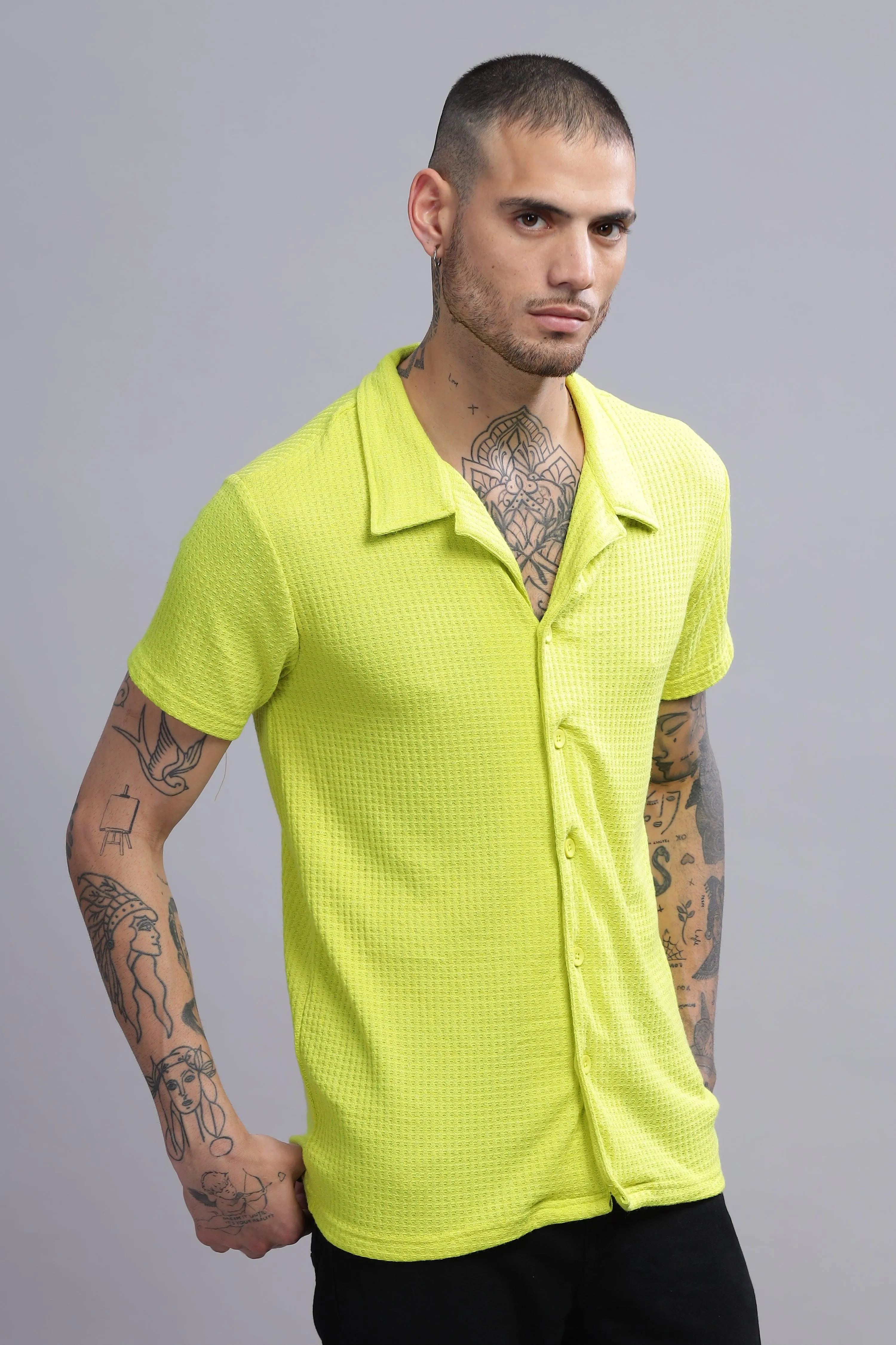 Knotty Neon Mens Half Sleeve Cuban Collar Shirt