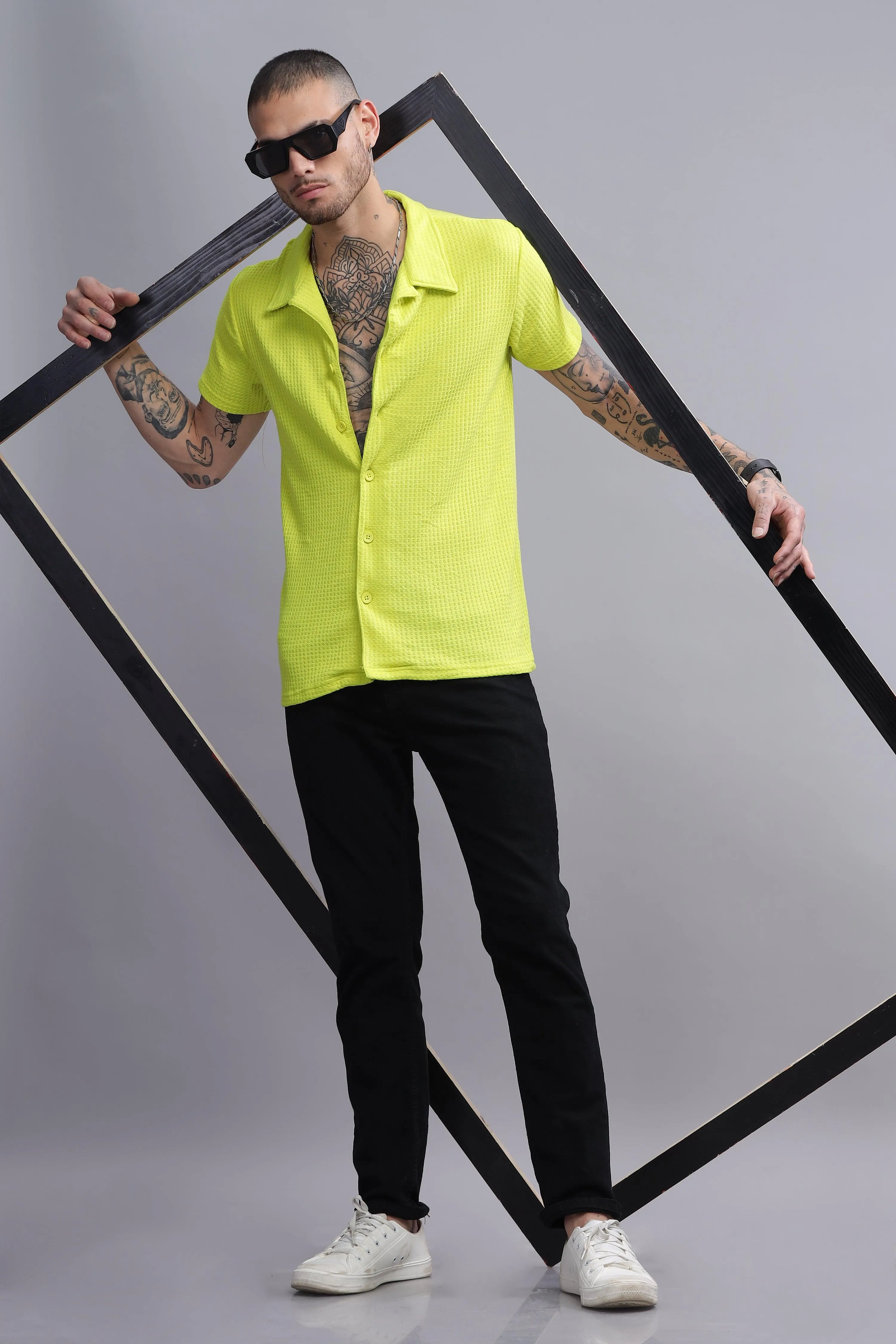 Knotty Neon Mens Half Sleeve Cuban Collar Shirt