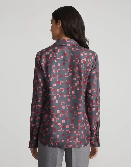 Lafayette 148 Scottie Silk Twill Print Blouse in Steel Multi