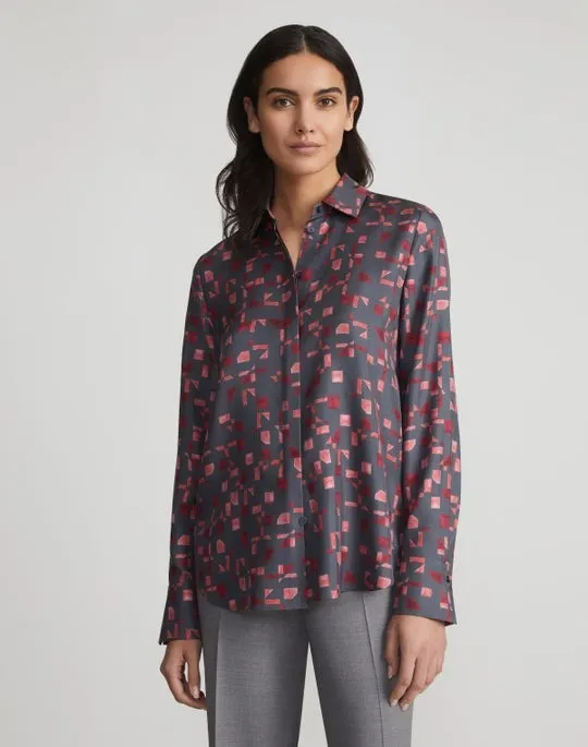 Lafayette 148 Scottie Silk Twill Print Blouse in Steel Multi