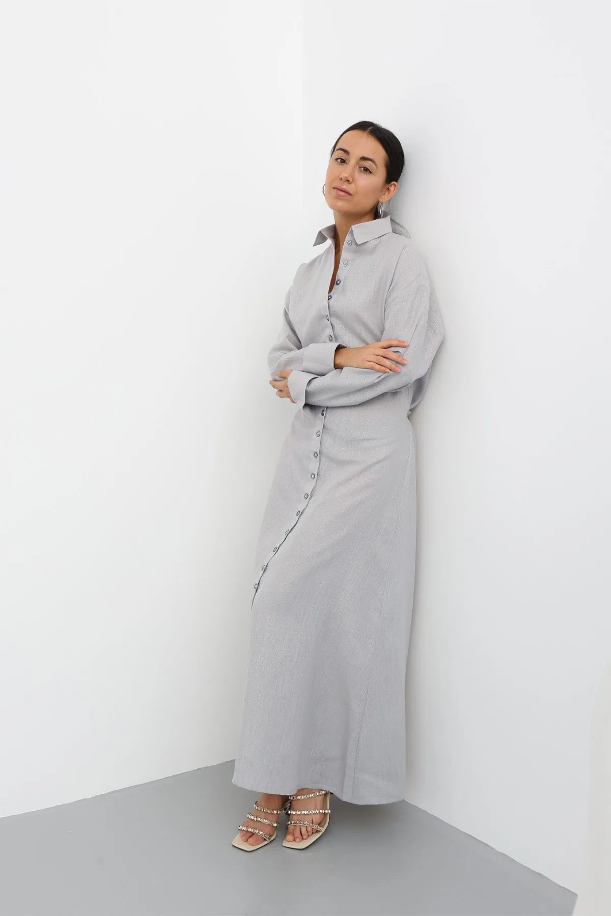 Linen Belted Dress - Gray