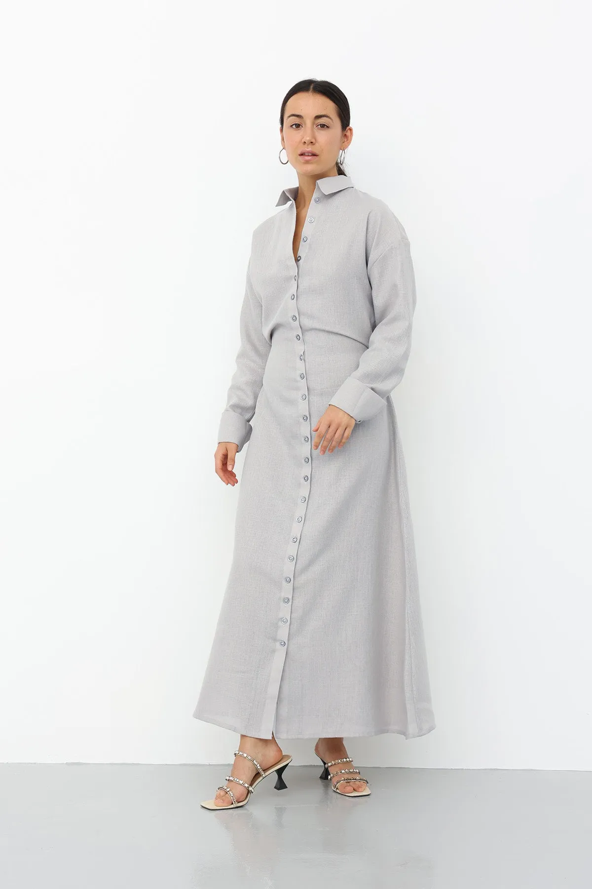 Linen Belted Dress - Gray