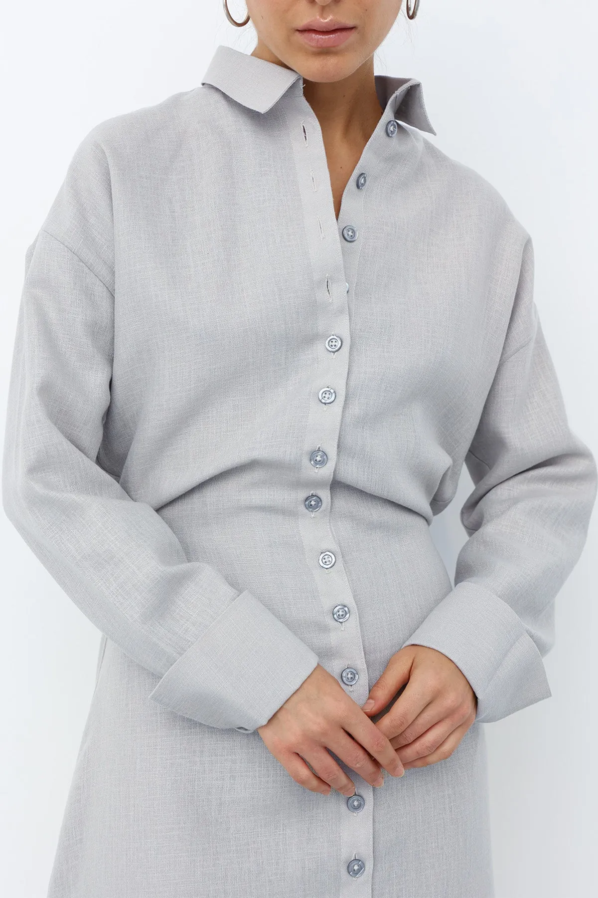 Linen Belted Dress - Gray