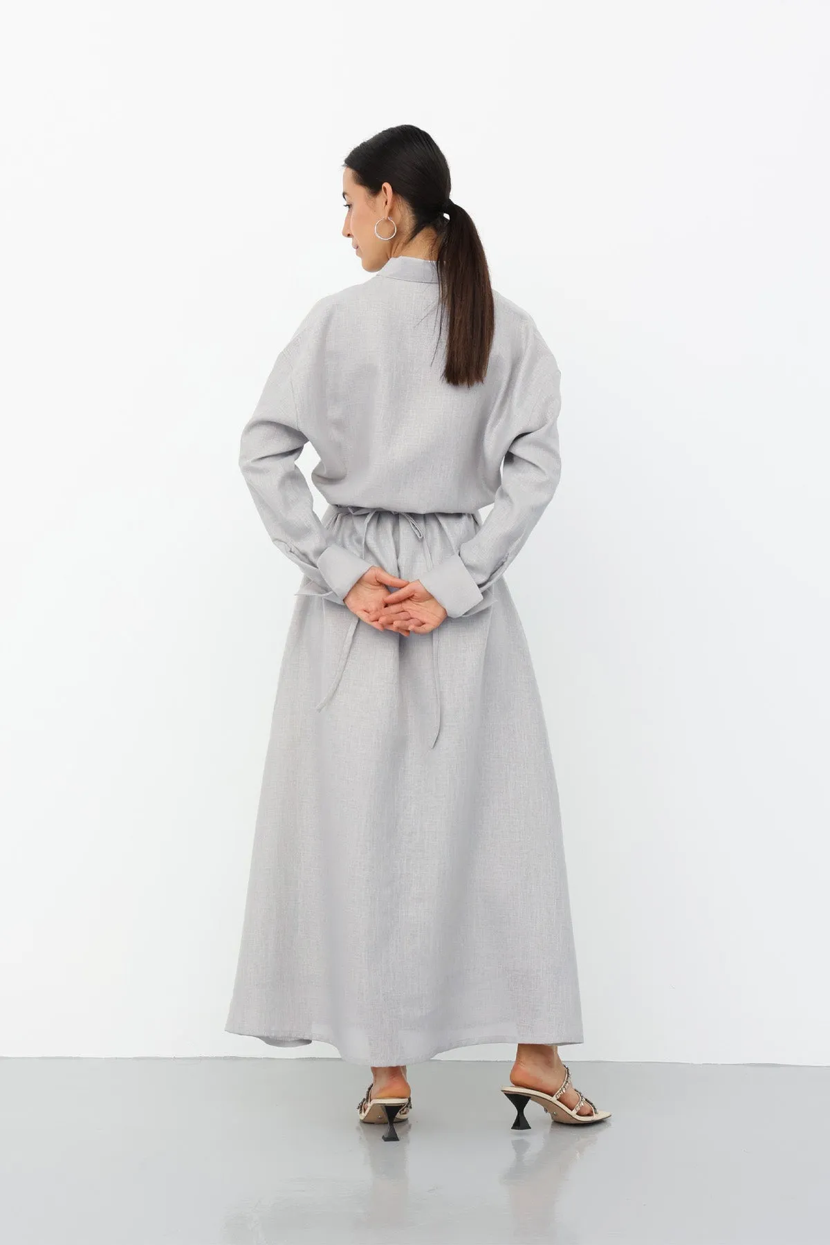 Linen Belted Dress - Gray