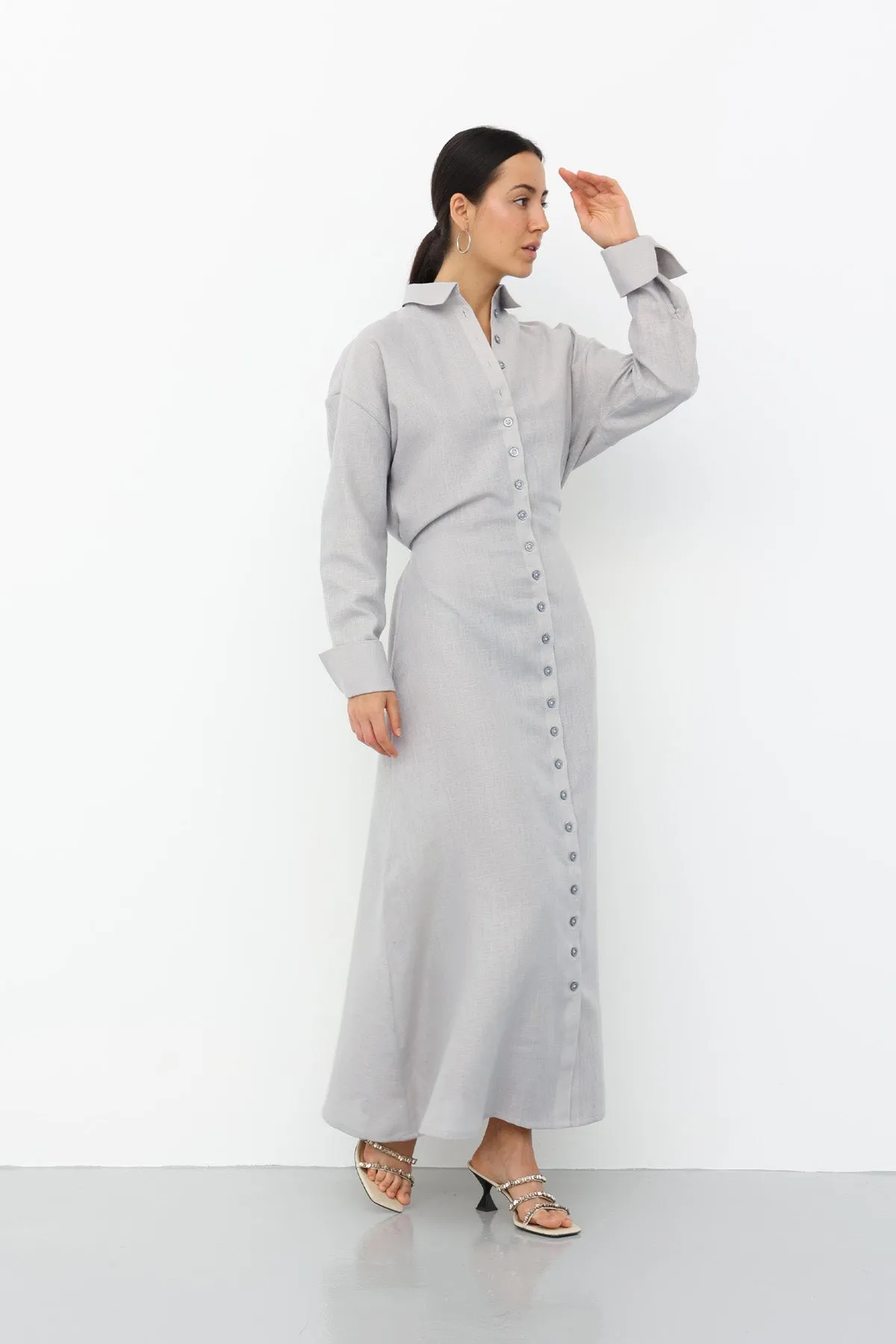 Linen Belted Dress - Gray