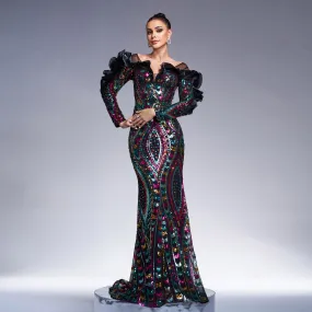 Long Sleeve V Neck Cutout Long Sequined Fishtail Evening Dress
