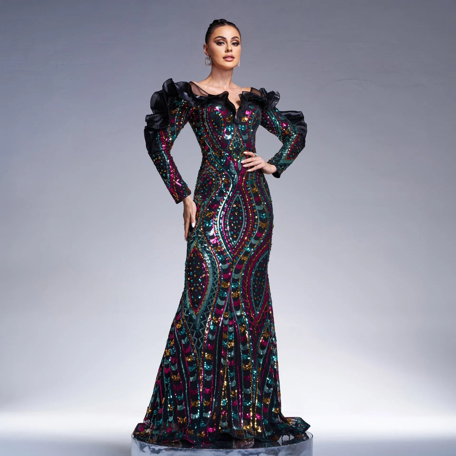 Long Sleeve V Neck Cutout Long Sequined Fishtail Evening Dress
