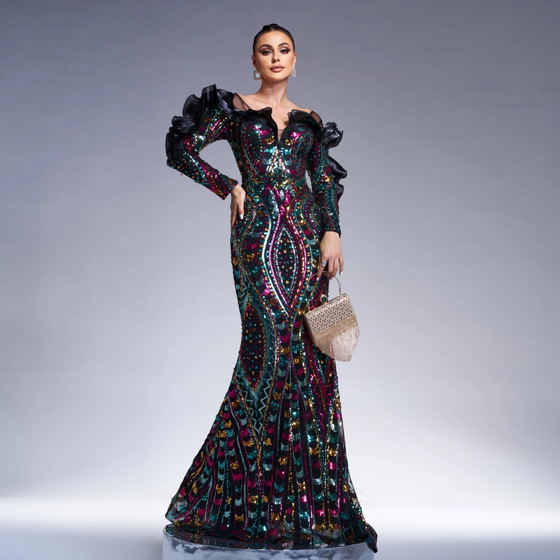 Long Sleeve V Neck Cutout Long Sequined Fishtail Evening Dress