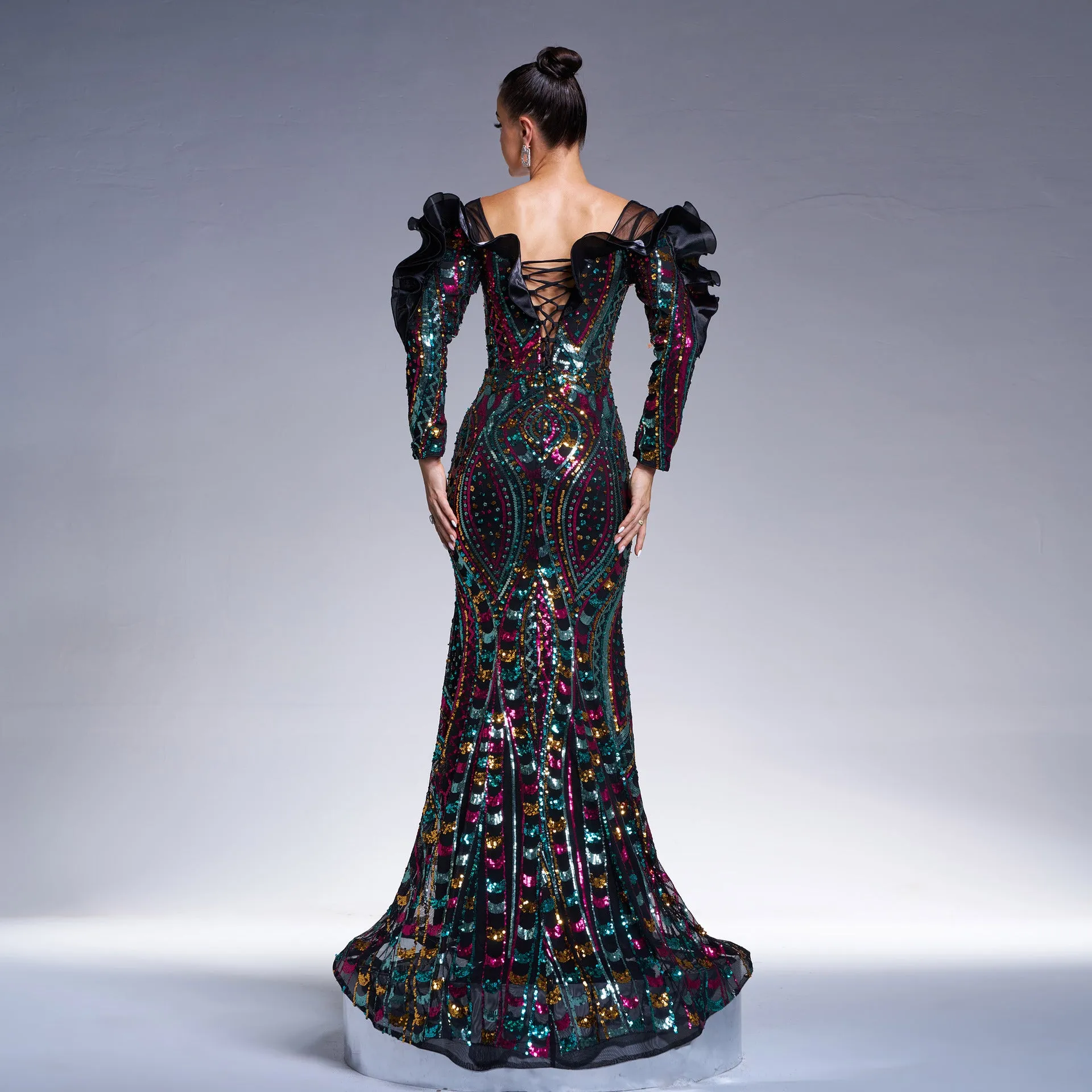 Long Sleeve V Neck Cutout Long Sequined Fishtail Evening Dress