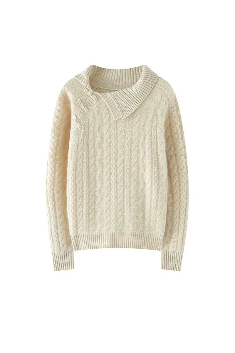 Luxe 100 Cashmere Pullover Sweater with Asymmetrical Collar