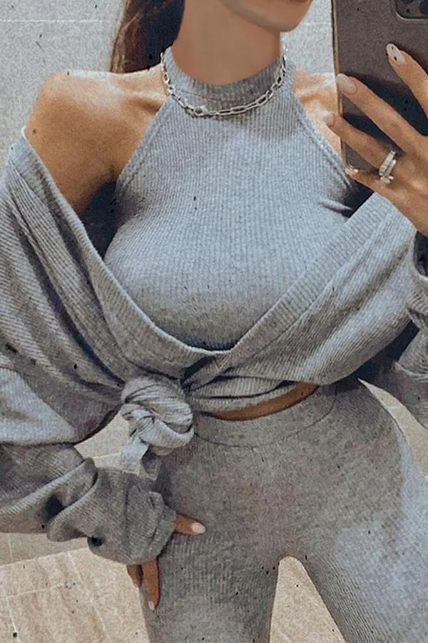 MB FASHION Ribbed Halter Crop Top with Oversized Sweater Set 1065R