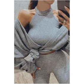 MB FASHION Ribbed Halter Crop Top with Oversized Sweater Set 1065R