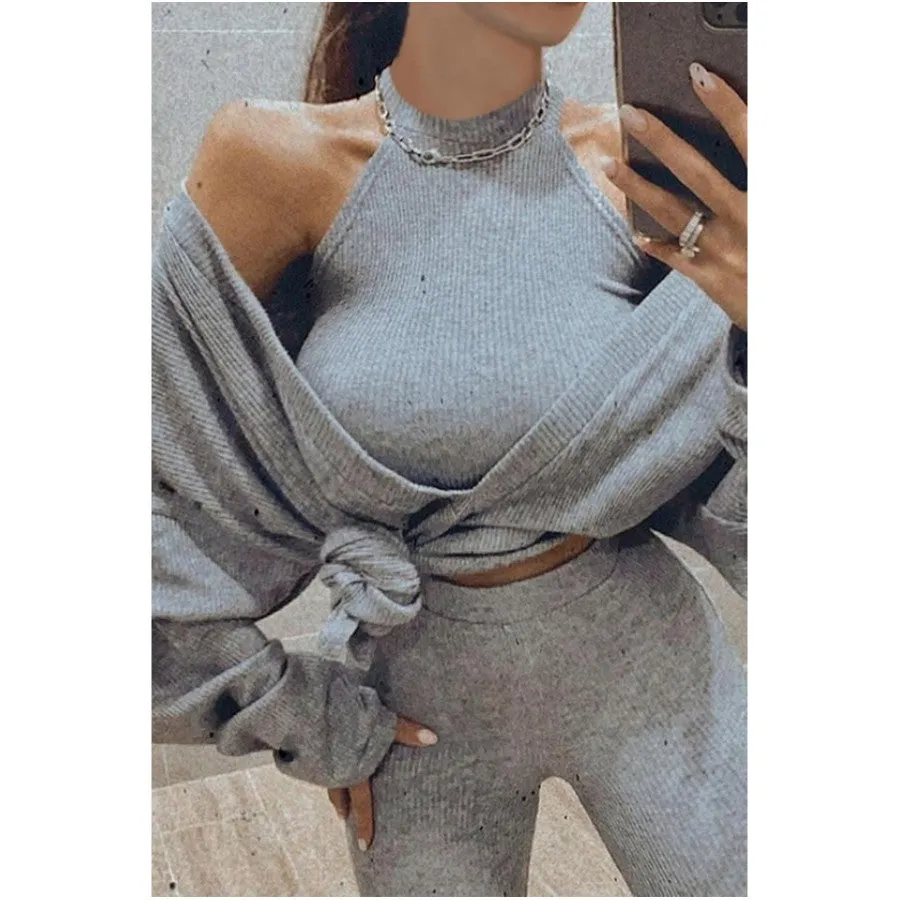 MB FASHION Ribbed Halter Crop Top with Oversized Sweater Set 1065R