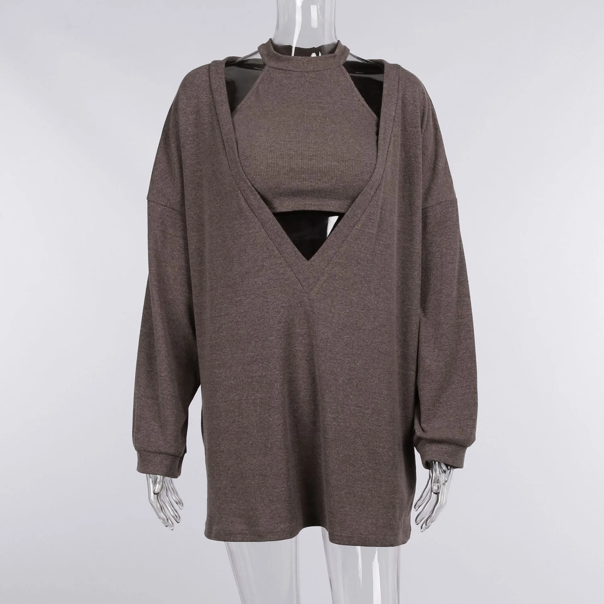 MB FASHION Ribbed Halter Crop Top with Oversized Sweater Set 1065R