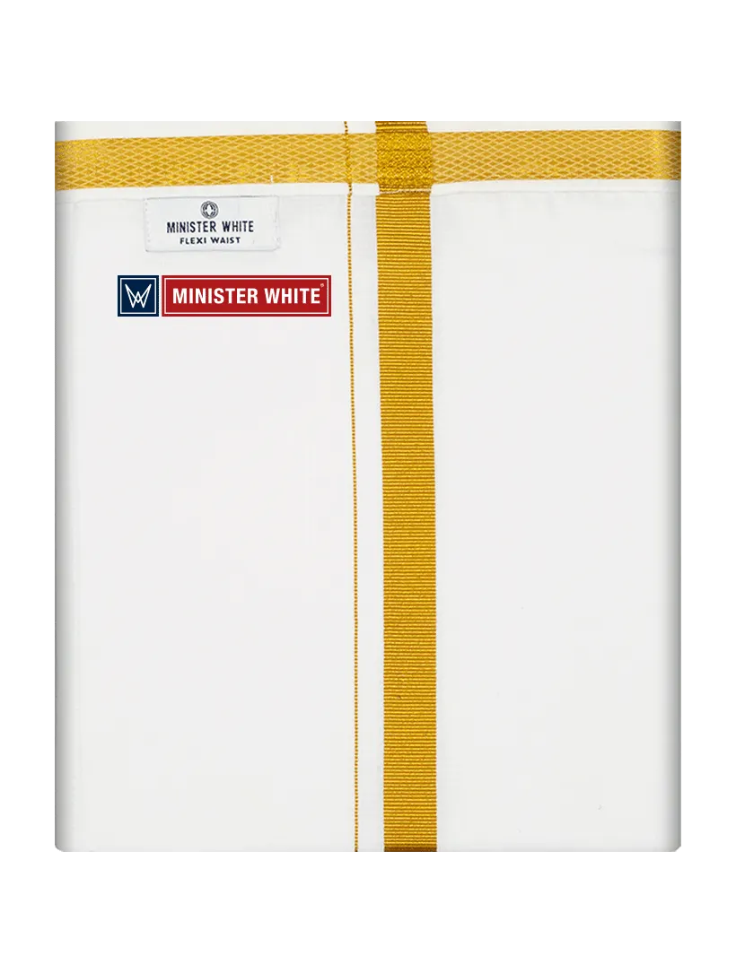 Mens Cotton White Double Layered with Gold Jari Velcro Pocket Dhoti - Energy