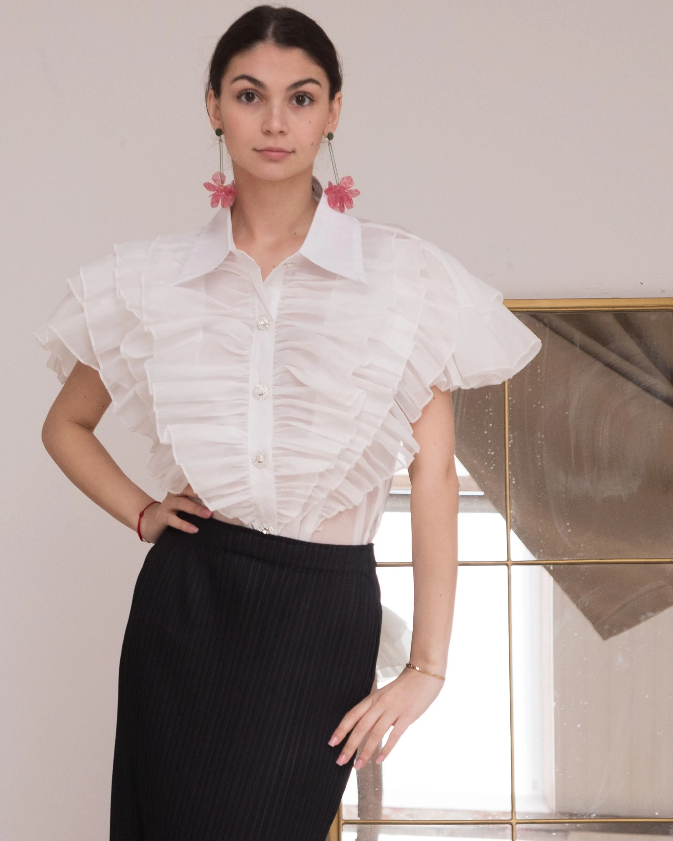 Multi Ruffle Layer design Blouse in White color