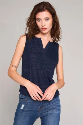 Navy Blue Sleeveless Geometric Embroidered Insert Front Trim V-Cut Neck Relaxed Top /2-3-2-1