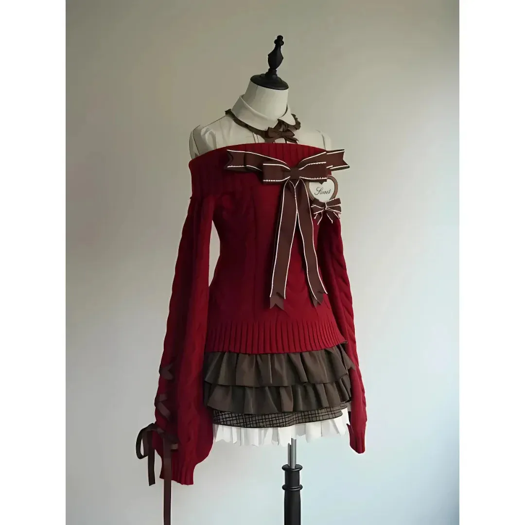 One-Shoulder Angora Sweater & Bow Set  AD21176