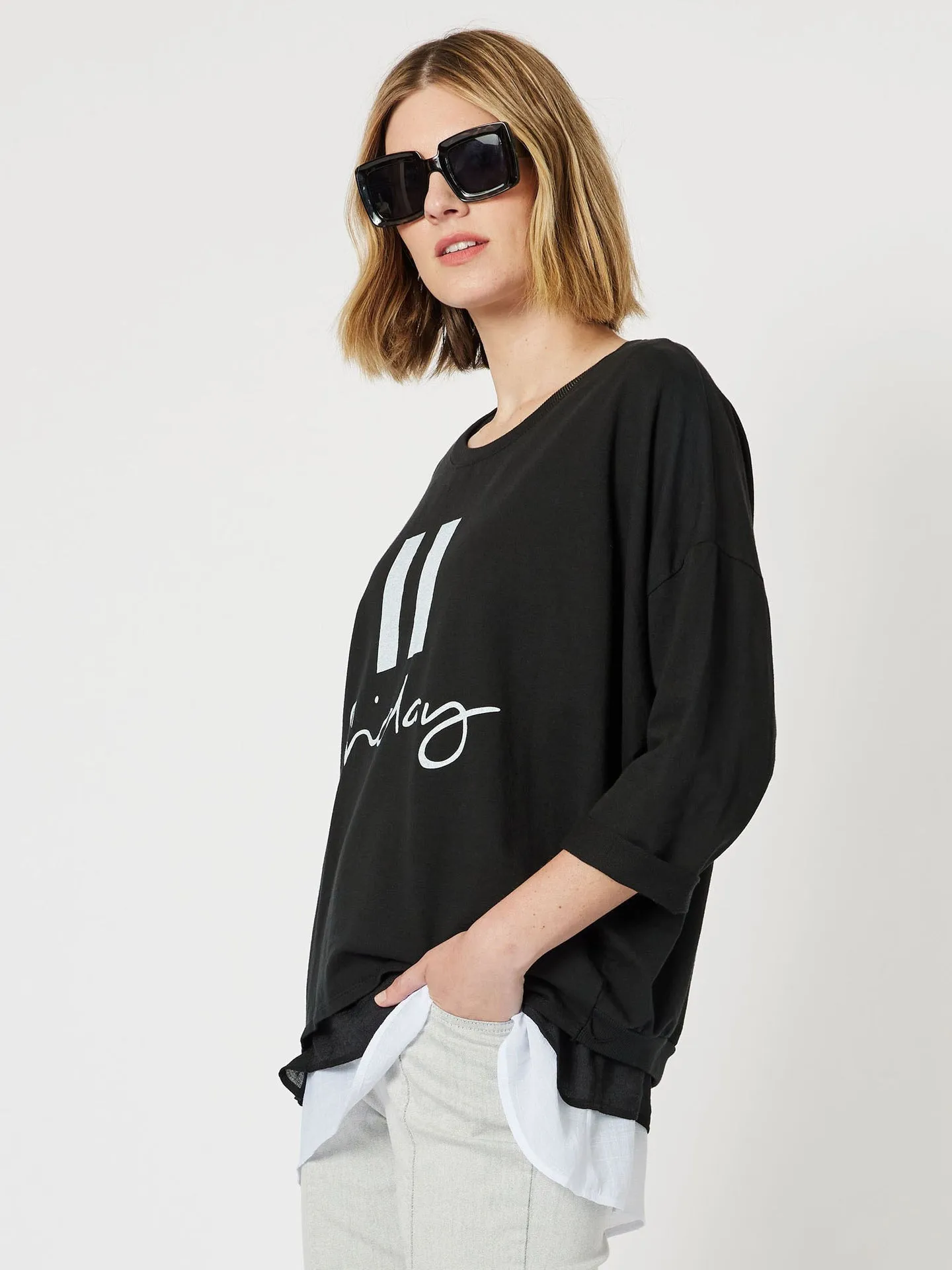 Pause Friday Relaxed 3/4 Sleeve Sweatshirt - Black