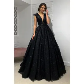 Plunging V-neck Black Sparkly Prom Dress