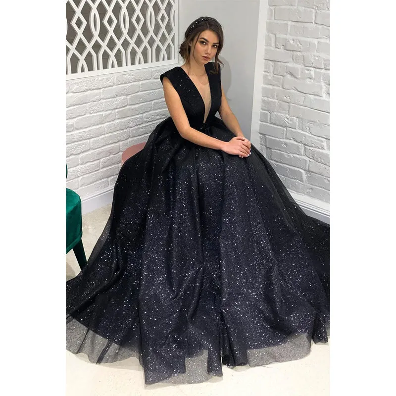 Plunging V-neck Black Sparkly Prom Dress
