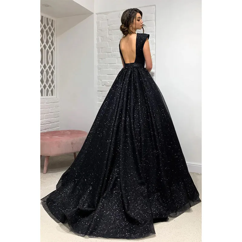Plunging V-neck Black Sparkly Prom Dress
