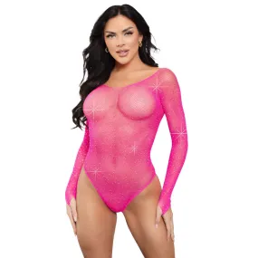 Rhinestone Long Sleeve Fishnet Bodystocking Neon Pink - Leg Avenue