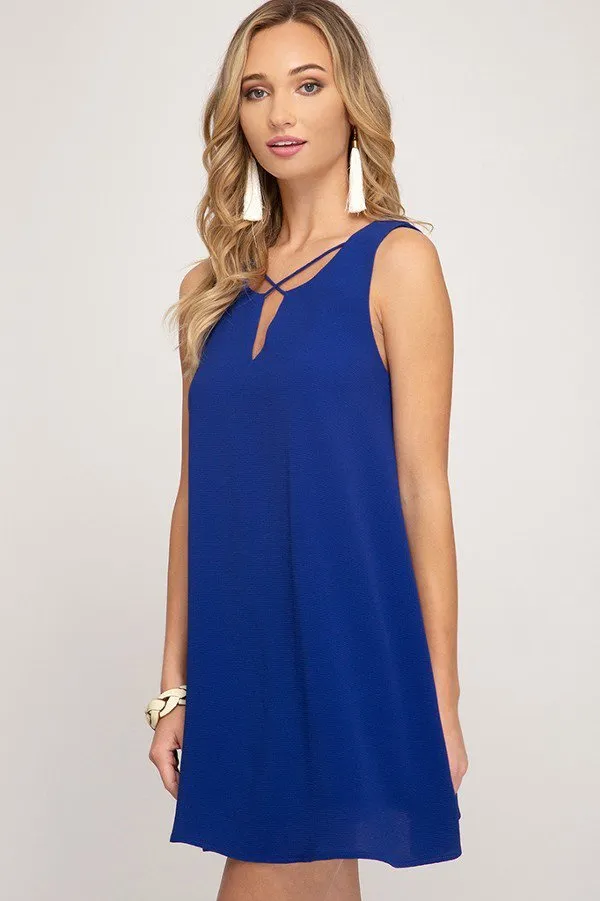 Royal Blue Sleeveless Lined Dress With Crisscross Neck Detail