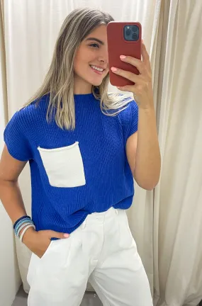 ROYAL BLUE/ WHITE MOCK NECK KNITTED TOP