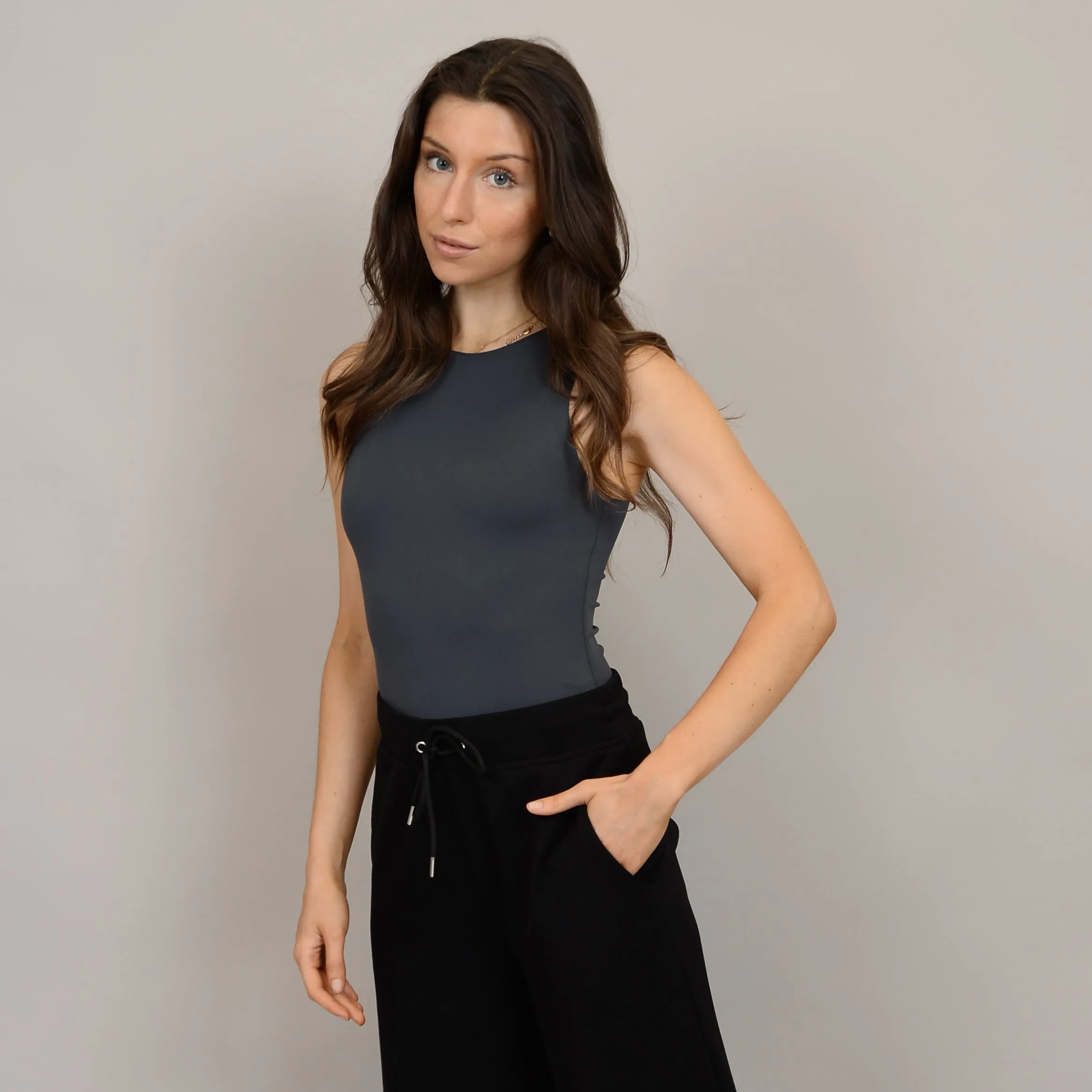 SECOND SKIN BY RD STYLE WOMEN'S ROXANNA SLEEVELESS CREWNECK BODYSUIT- BLACK INK