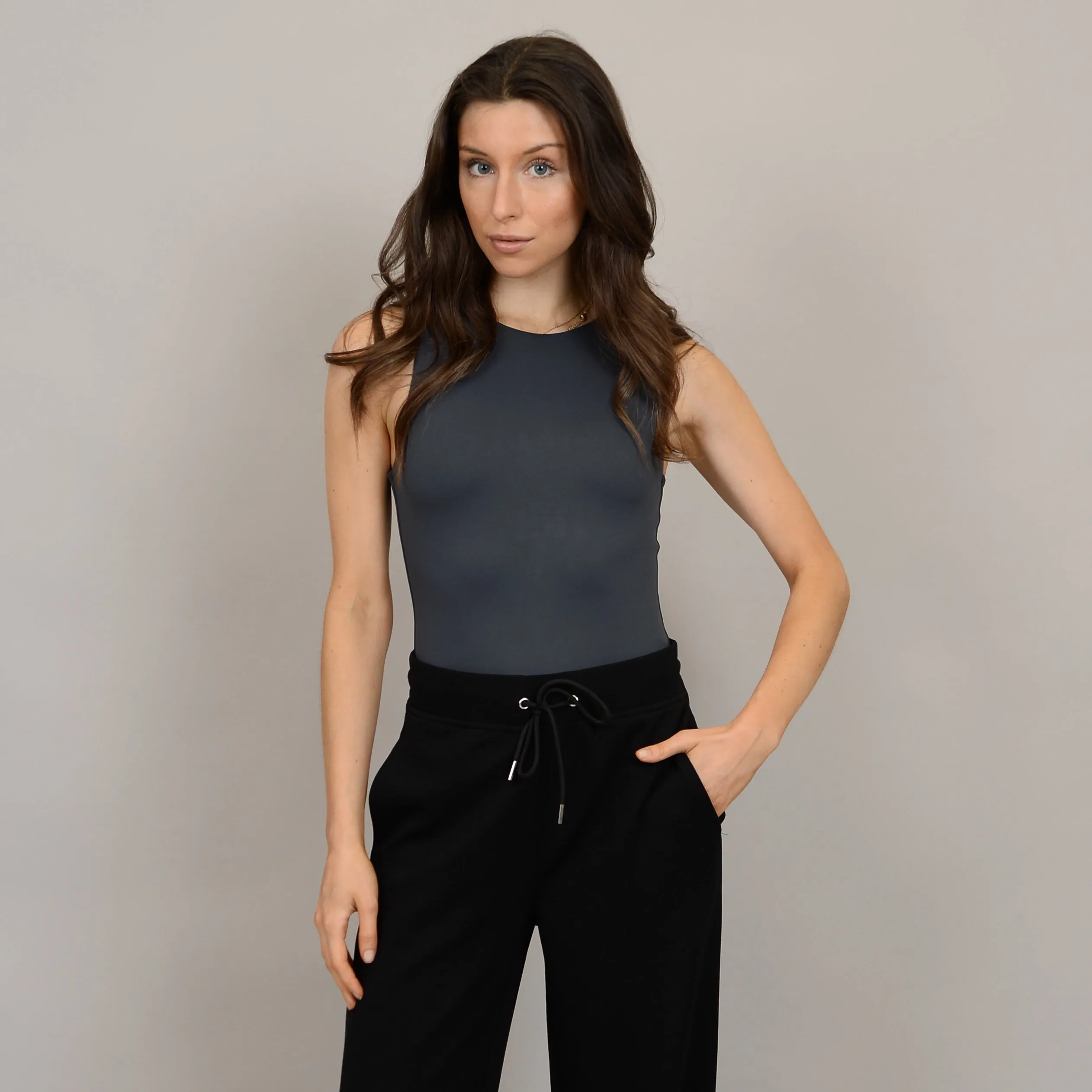 SECOND SKIN BY RD STYLE WOMEN'S ROXANNA SLEEVELESS CREWNECK BODYSUIT- BLACK INK