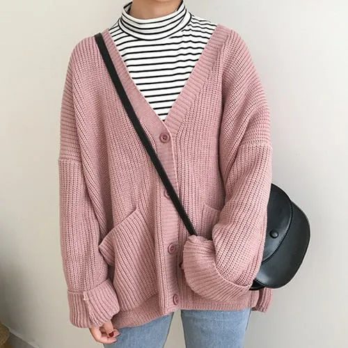 Simple Casual Oversized Sweater Women Loose V Neck Slim Knit Sweater Woman Autumn and Winter Korean Warm Cardigan Feminino