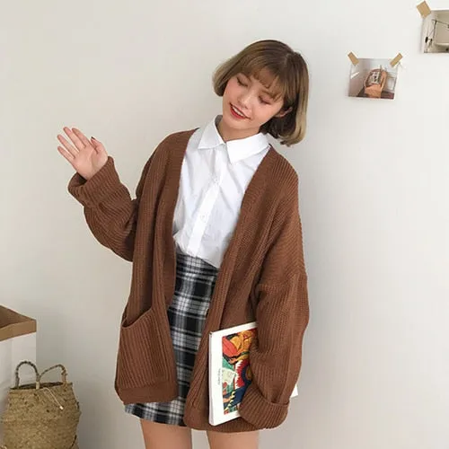 Simple Casual Oversized Sweater Women Loose V Neck Slim Knit Sweater Woman Autumn and Winter Korean Warm Cardigan Feminino