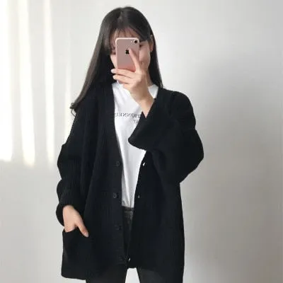 Simple Casual Oversized Sweater Women Loose V Neck Slim Knit Sweater Woman Autumn and Winter Korean Warm Cardigan Feminino
