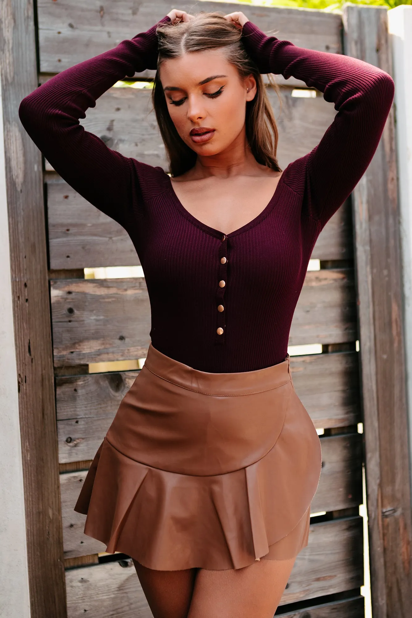 Simplicity Is Key Ribbed Long Sleeve Button-Front Bodysuit (Wine)