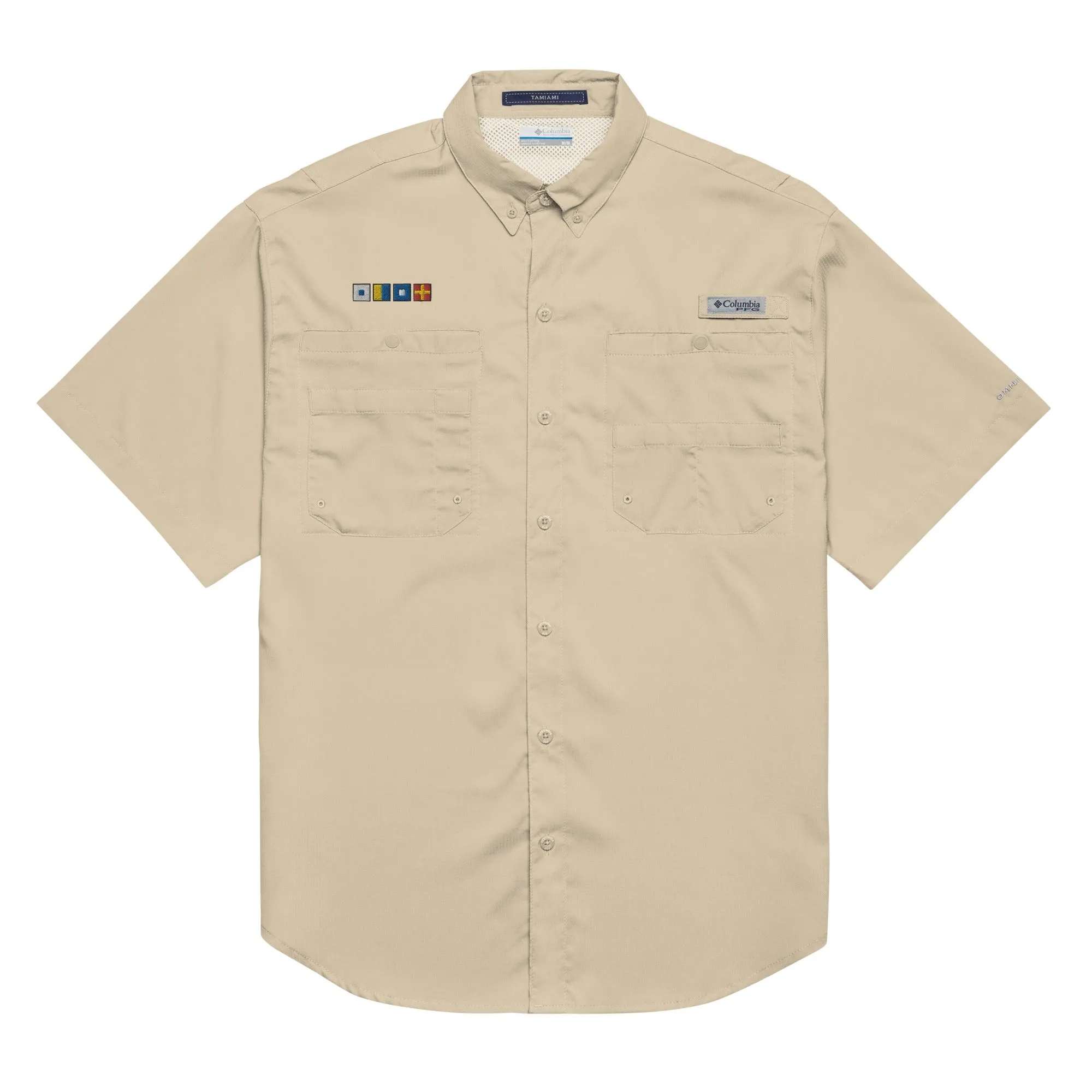 SKPR (skipper) spelled out with Embroidered Nautical Flags Men’s Columbia short sleeve button shirt