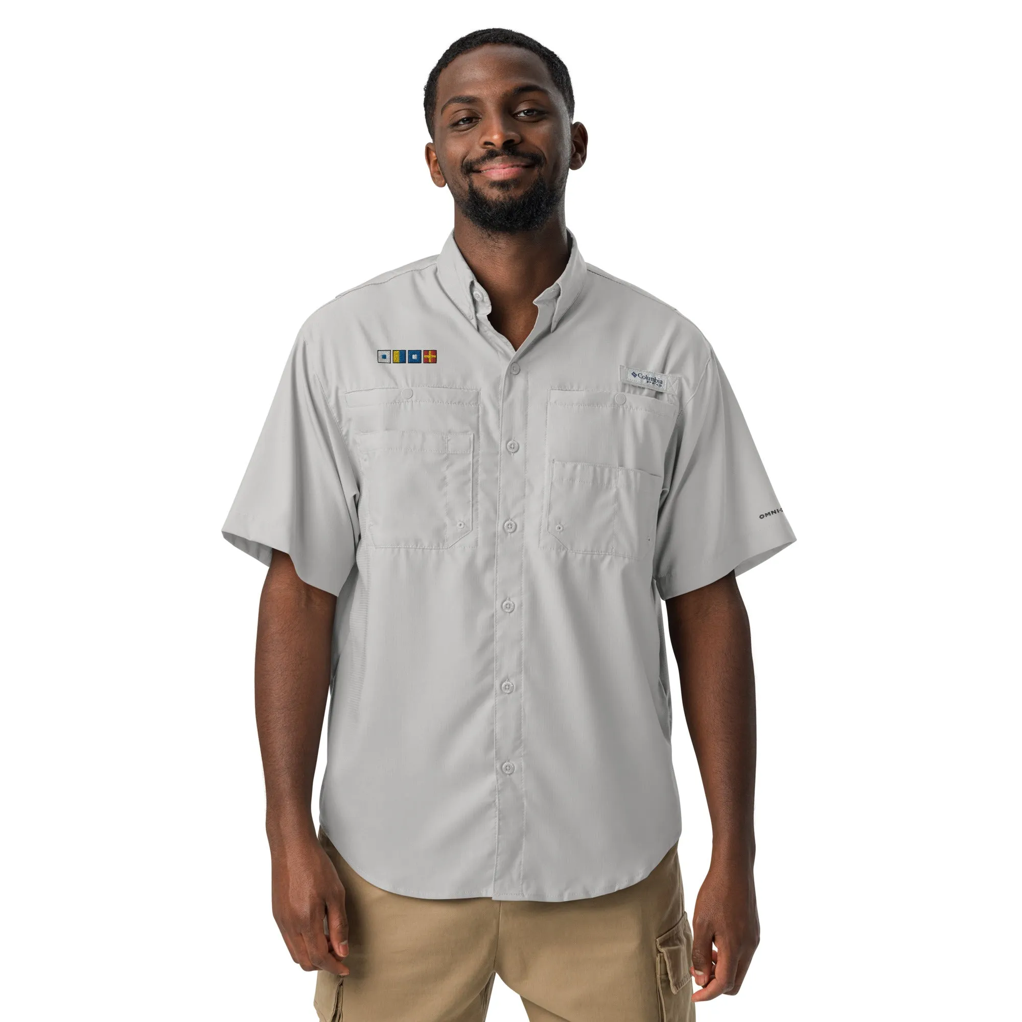 SKPR (skipper) spelled out with Embroidered Nautical Flags Men’s Columbia short sleeve button shirt
