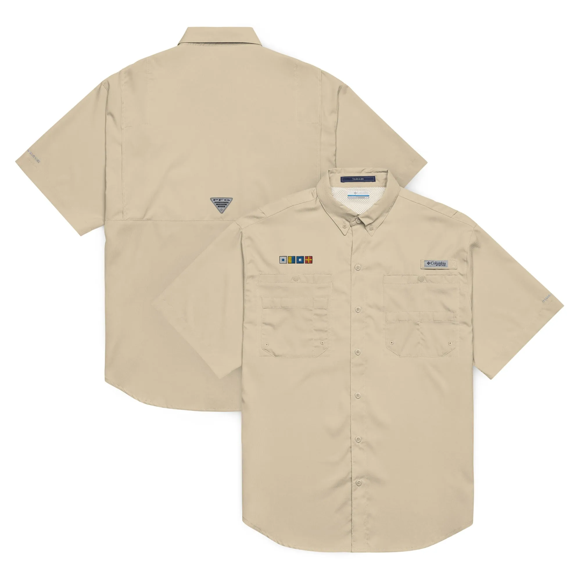 SKPR (skipper) spelled out with Embroidered Nautical Flags Men’s Columbia short sleeve button shirt