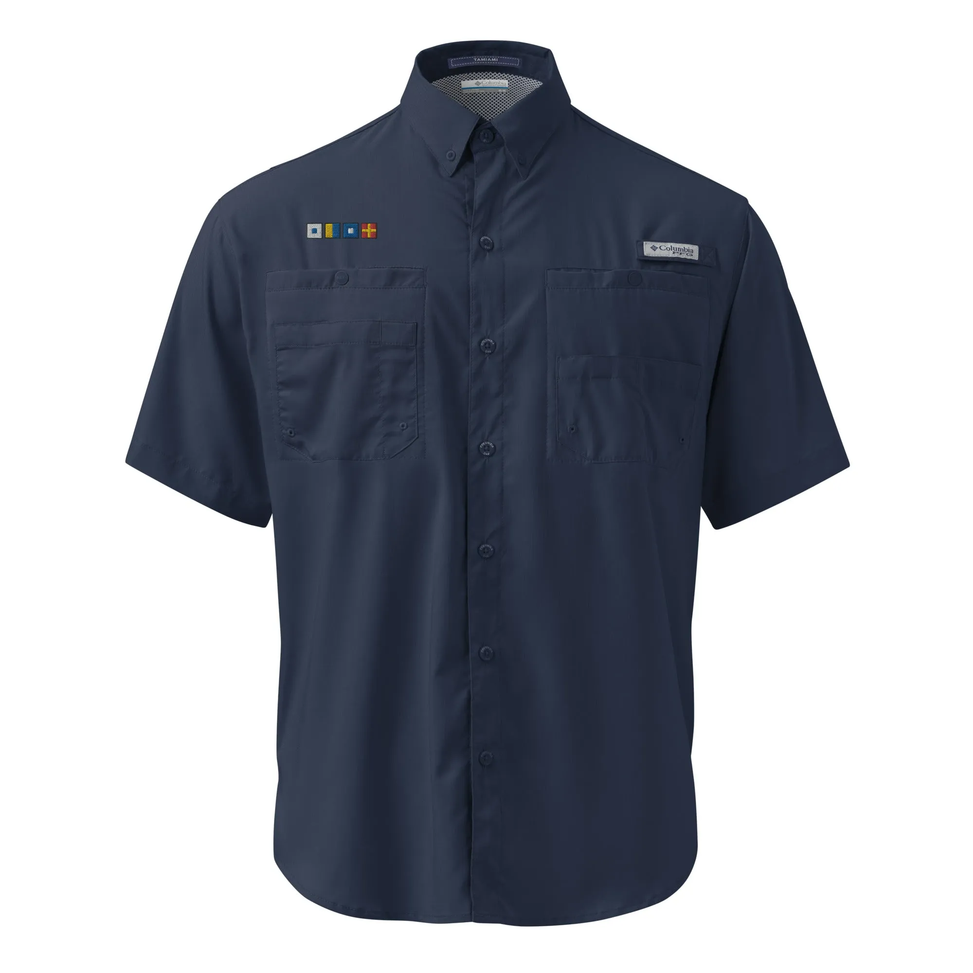 SKPR (skipper) spelled out with Embroidered Nautical Flags Men’s Columbia short sleeve button shirt