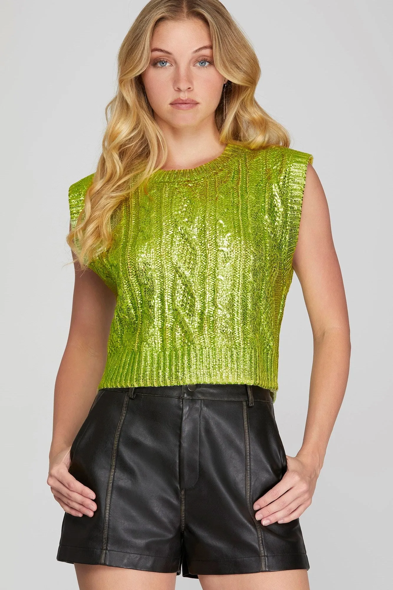Sleeveless Cable Knit Metallic Crop Sweater In 3 Colors