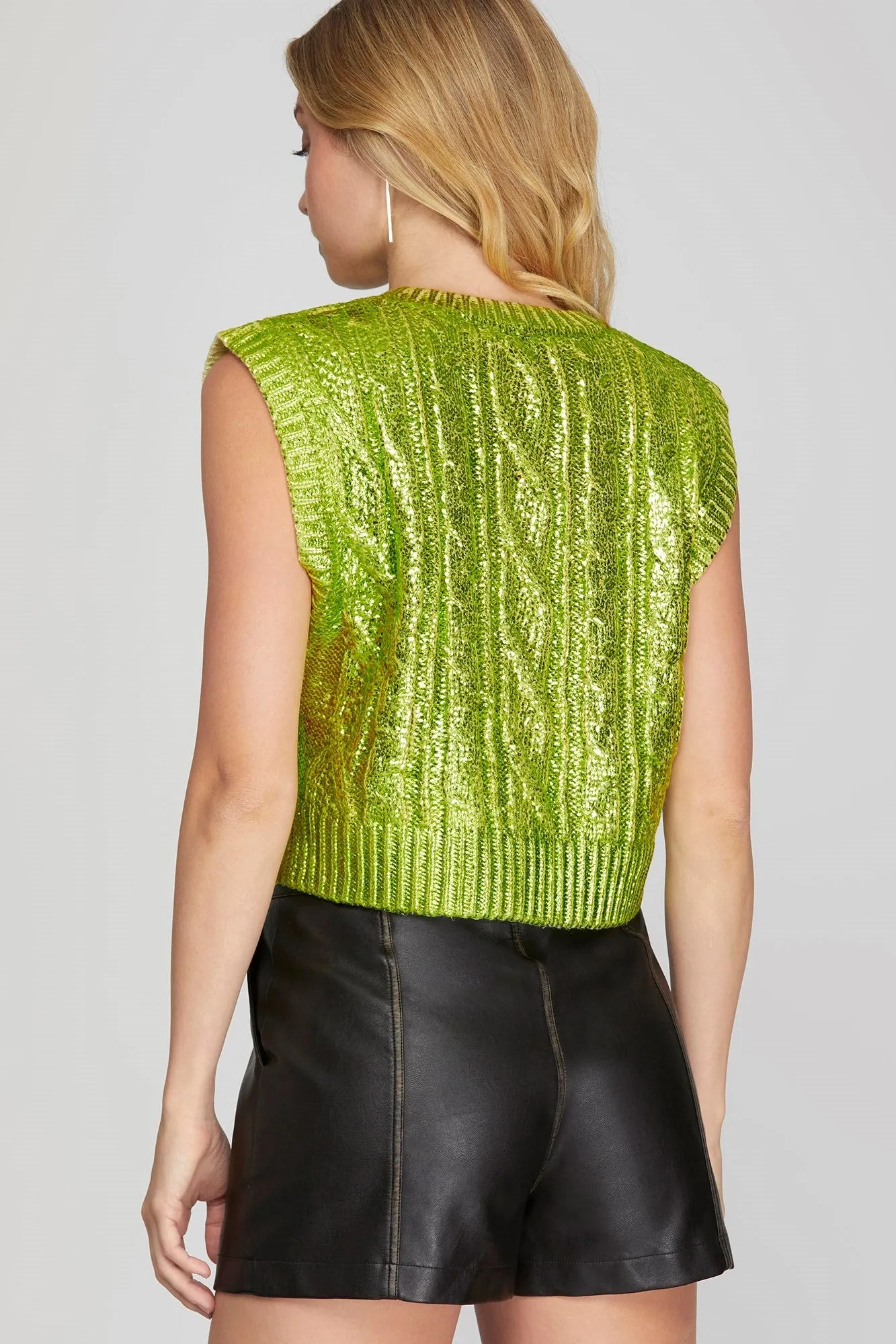 Sleeveless Cable Knit Metallic Crop Sweater In 3 Colors