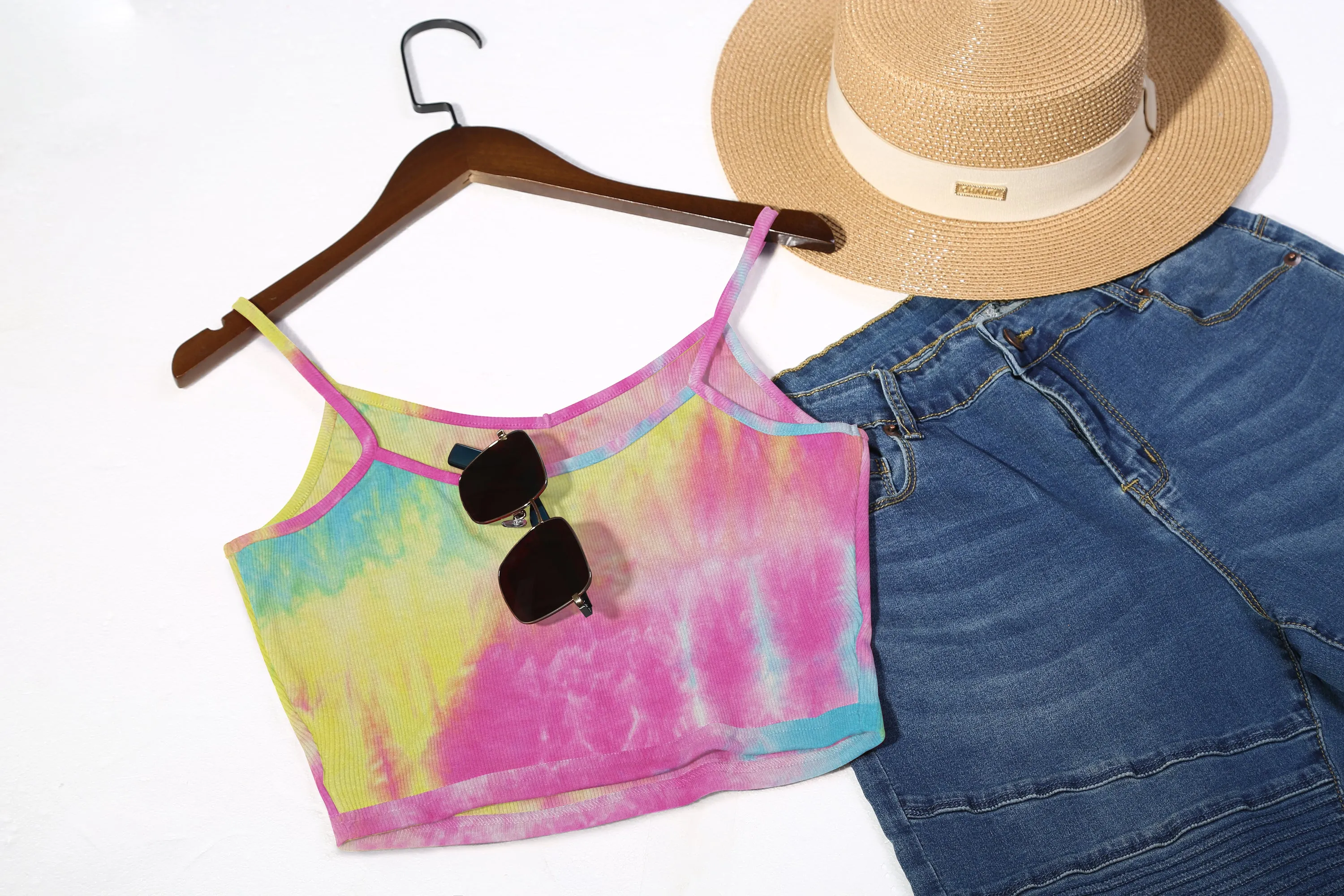 Sleeveless V Neck Casual Ribbed Knit Cami Crop Top- Multicolor