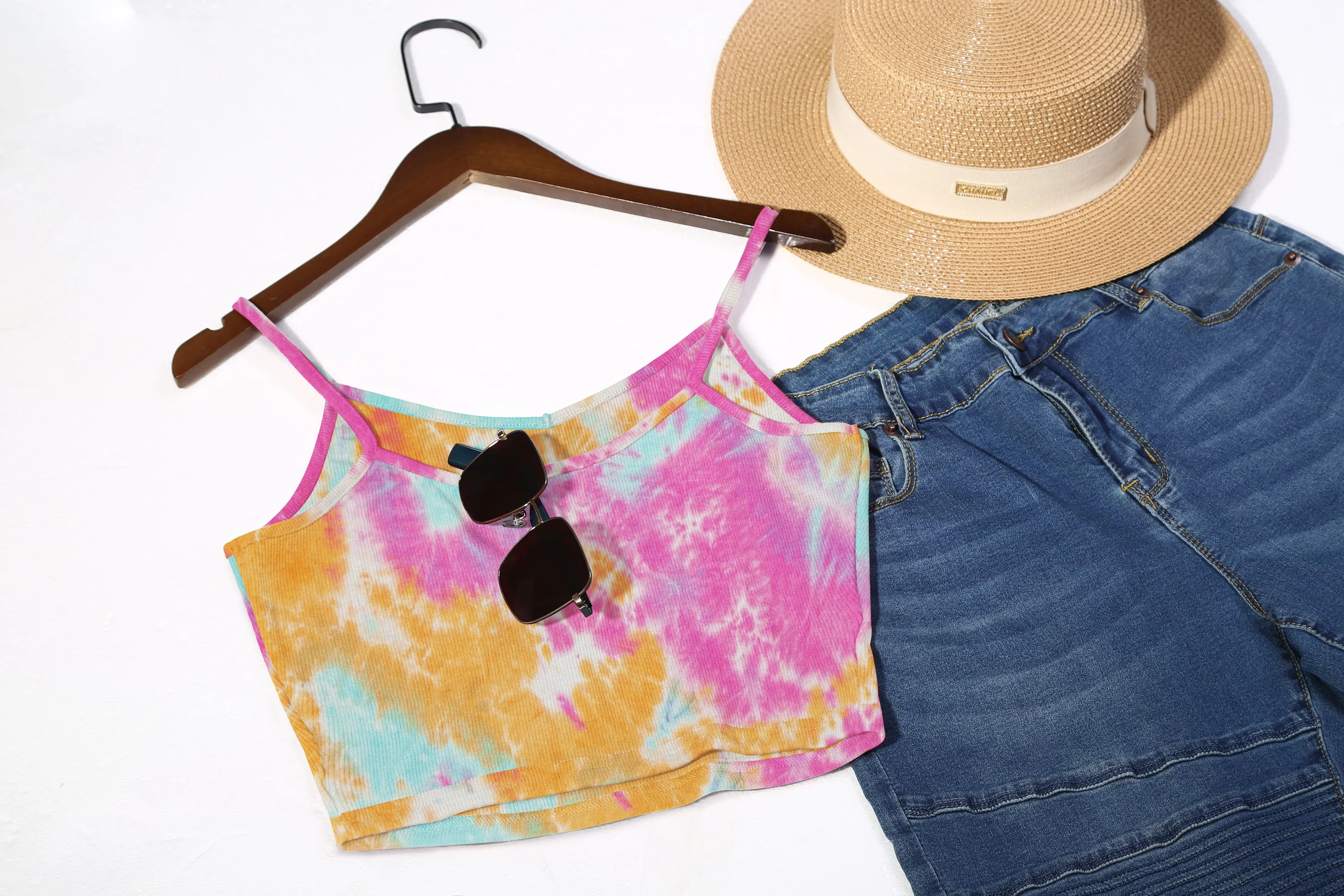 Sleeveless V Neck Casual Ribbed Knit Cami Crop Top- Multicolor