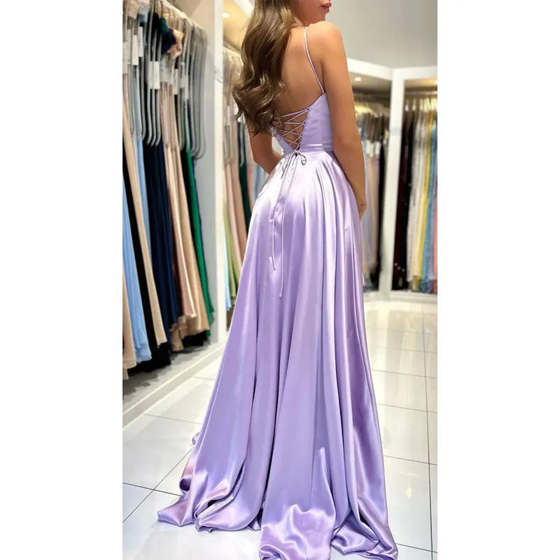 Spaghetti Straps Satin A-Line Long Prom Evening Gown With Slit