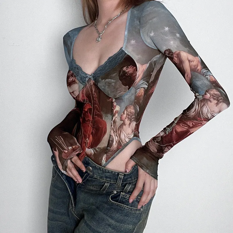 Stitching Mesh See-through Long-sleeved Bodysuit