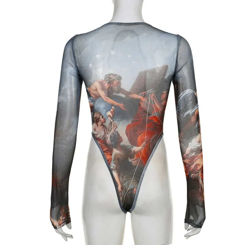 Stitching Mesh See-through Long-sleeved Bodysuit