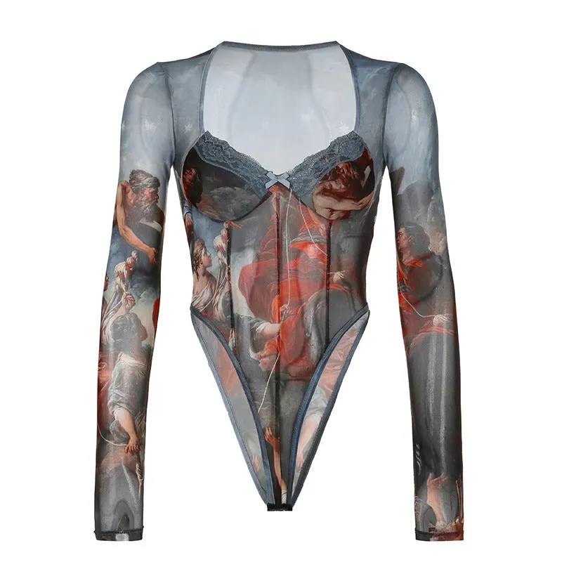 Stitching Mesh See-through Long-sleeved Bodysuit