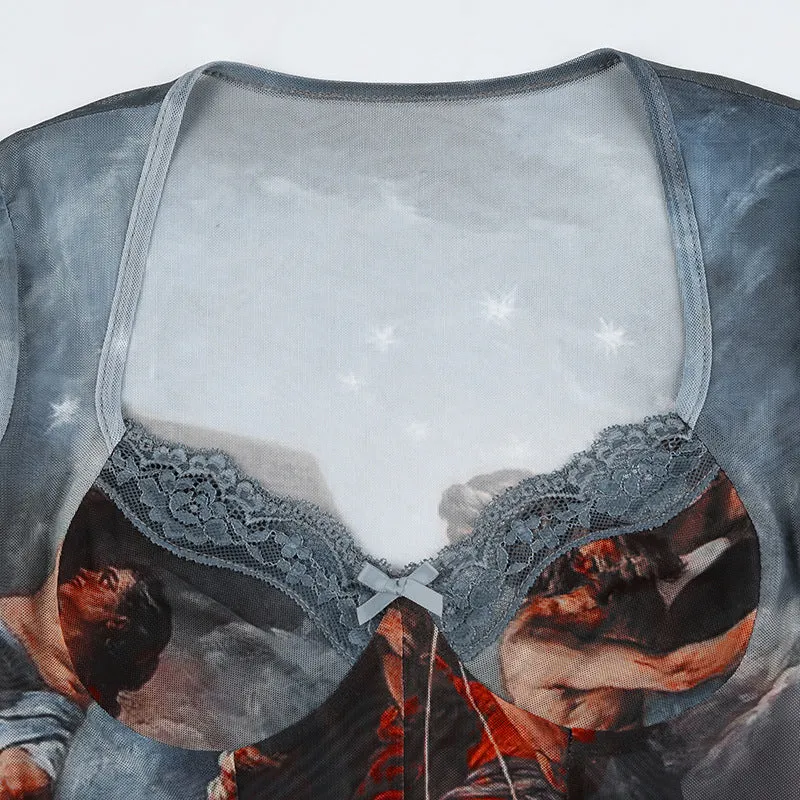 Stitching Mesh See-through Long-sleeved Bodysuit