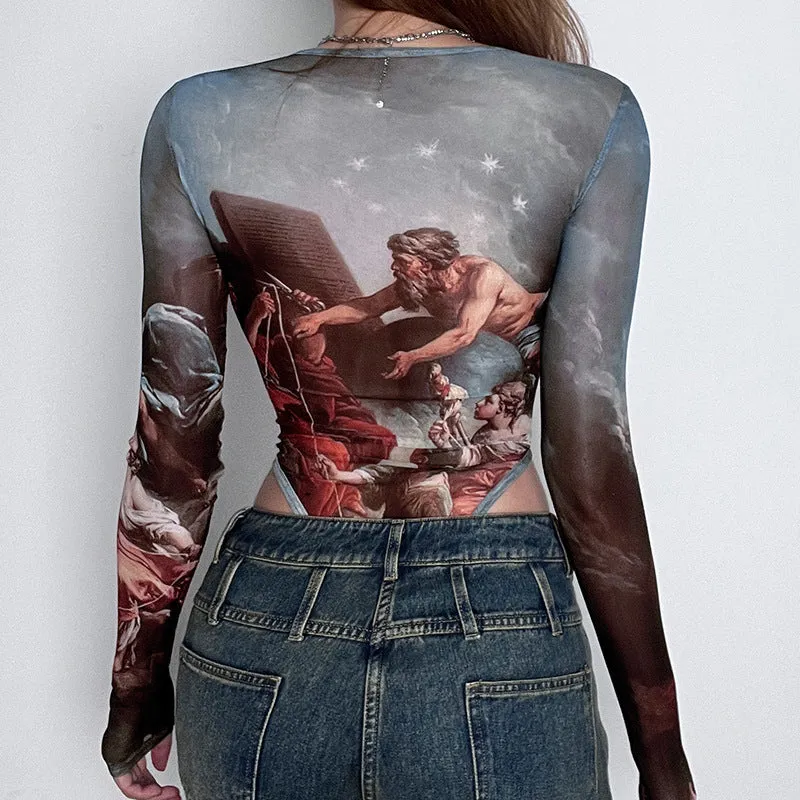Stitching Mesh See-through Long-sleeved Bodysuit